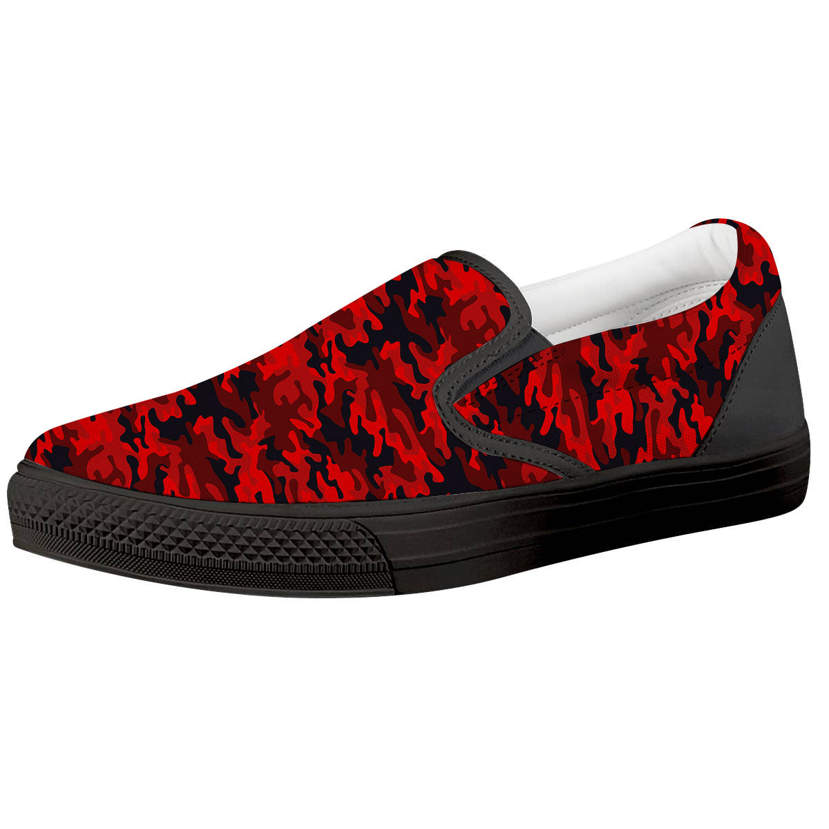 Camouflage Red And Black Print Black Slip On Shoes-grizzshop