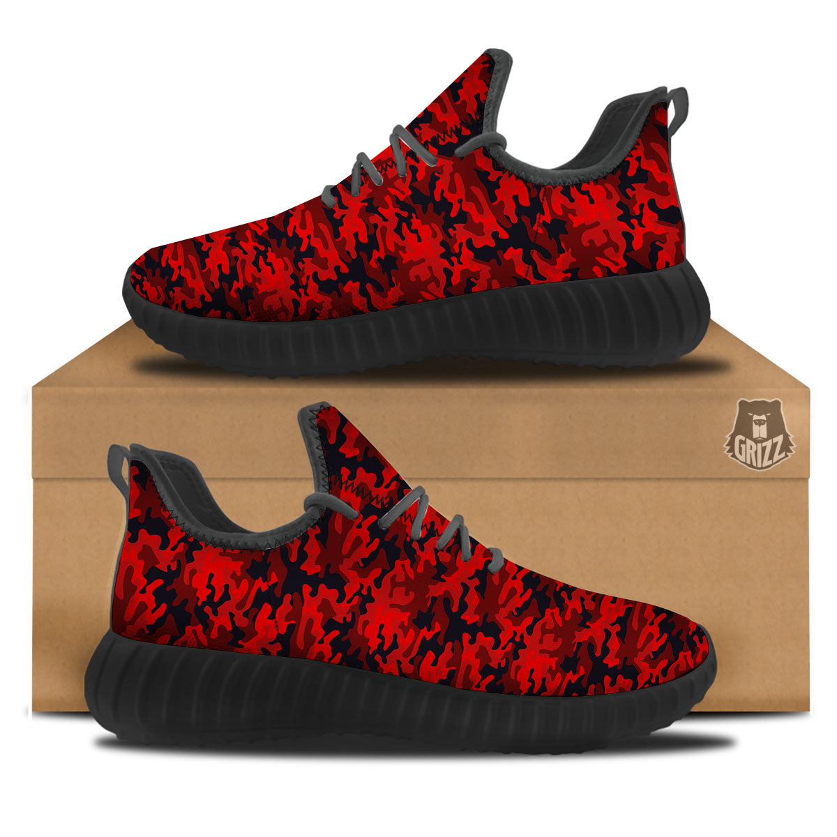 Camouflage Red And Black Print Black Walking Shoes-grizzshop