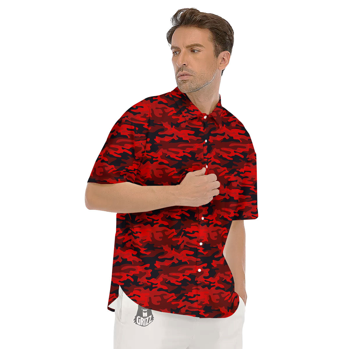 Camouflage Red And Black Print Men's Short Sleeve Shirts-grizzshop