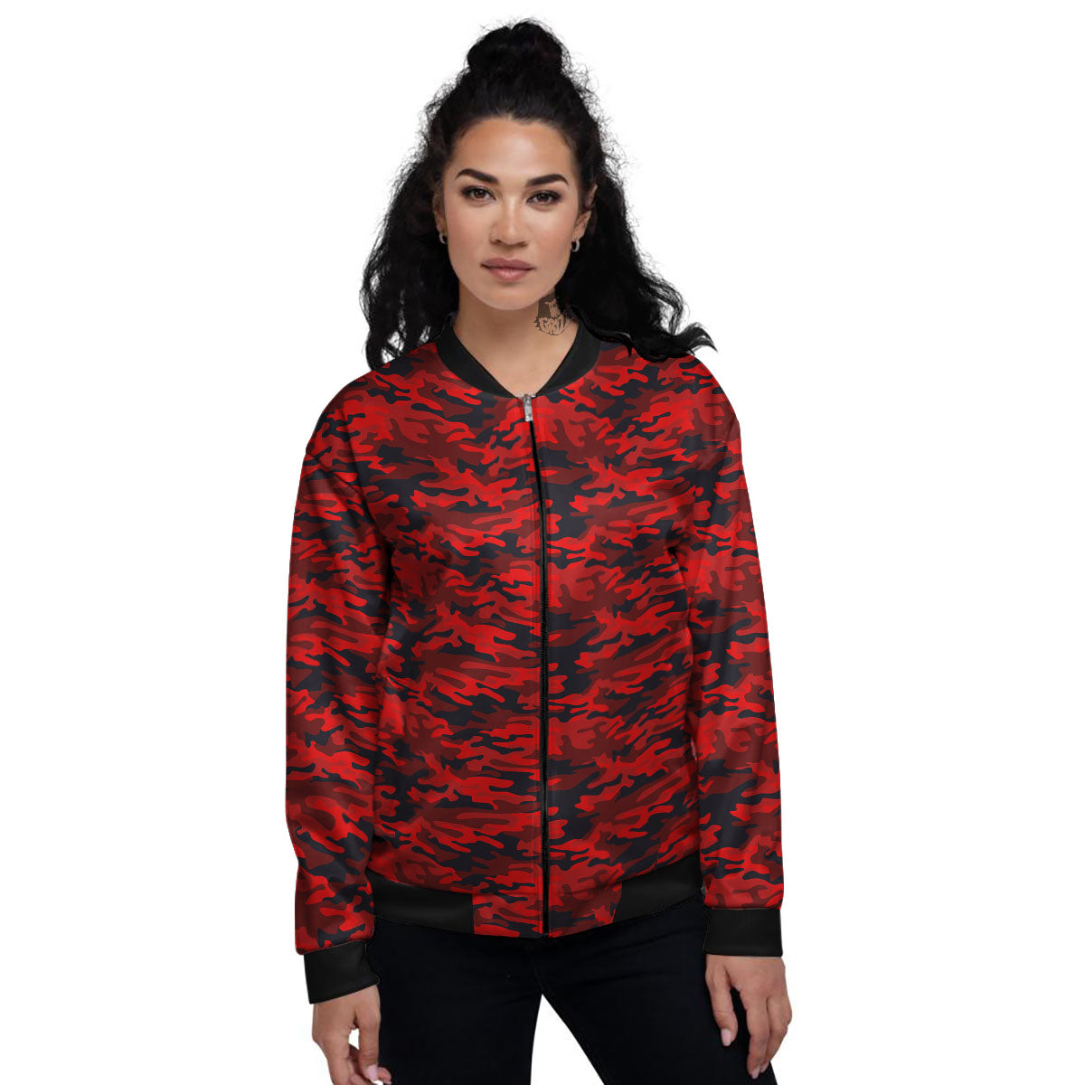 Camouflage Red And Black Print Women's Bomber Jacket-grizzshop