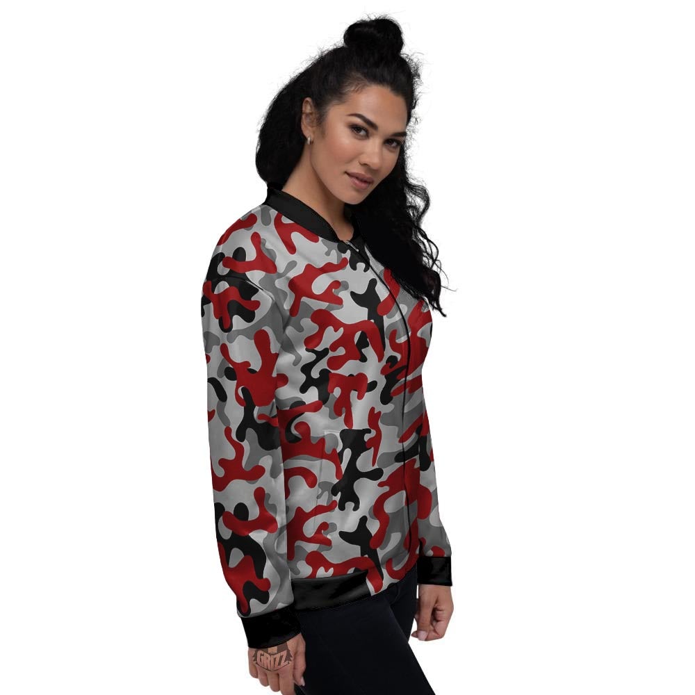 Camouflage Red Grey Print Pattern Women's Bomber Jacket-grizzshop