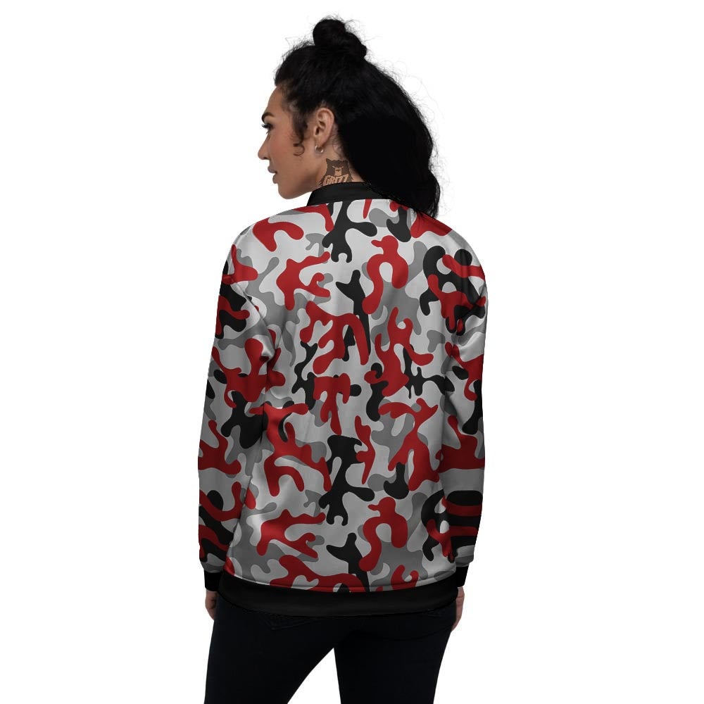 Camouflage Red Grey Print Pattern Women's Bomber Jacket-grizzshop