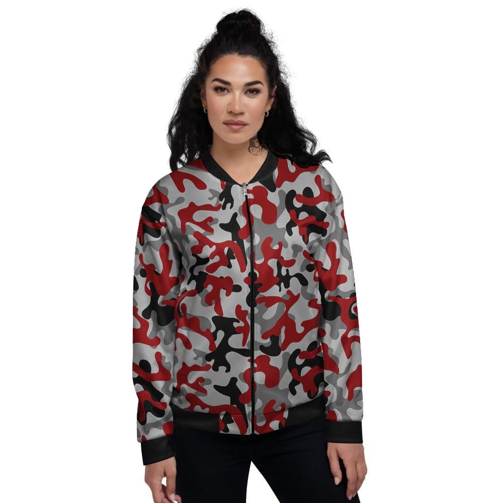 Camouflage Red Grey Print Pattern Women's Bomber Jacket-grizzshop