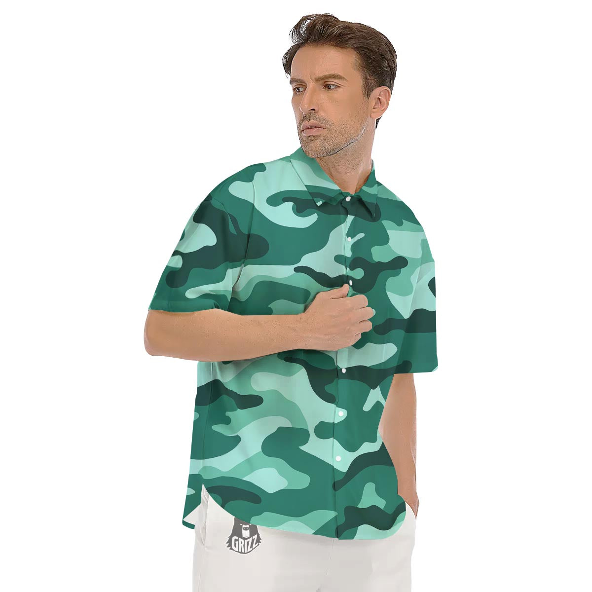 Camouflage Teal Print Men's Short Sleeve Shirts-grizzshop