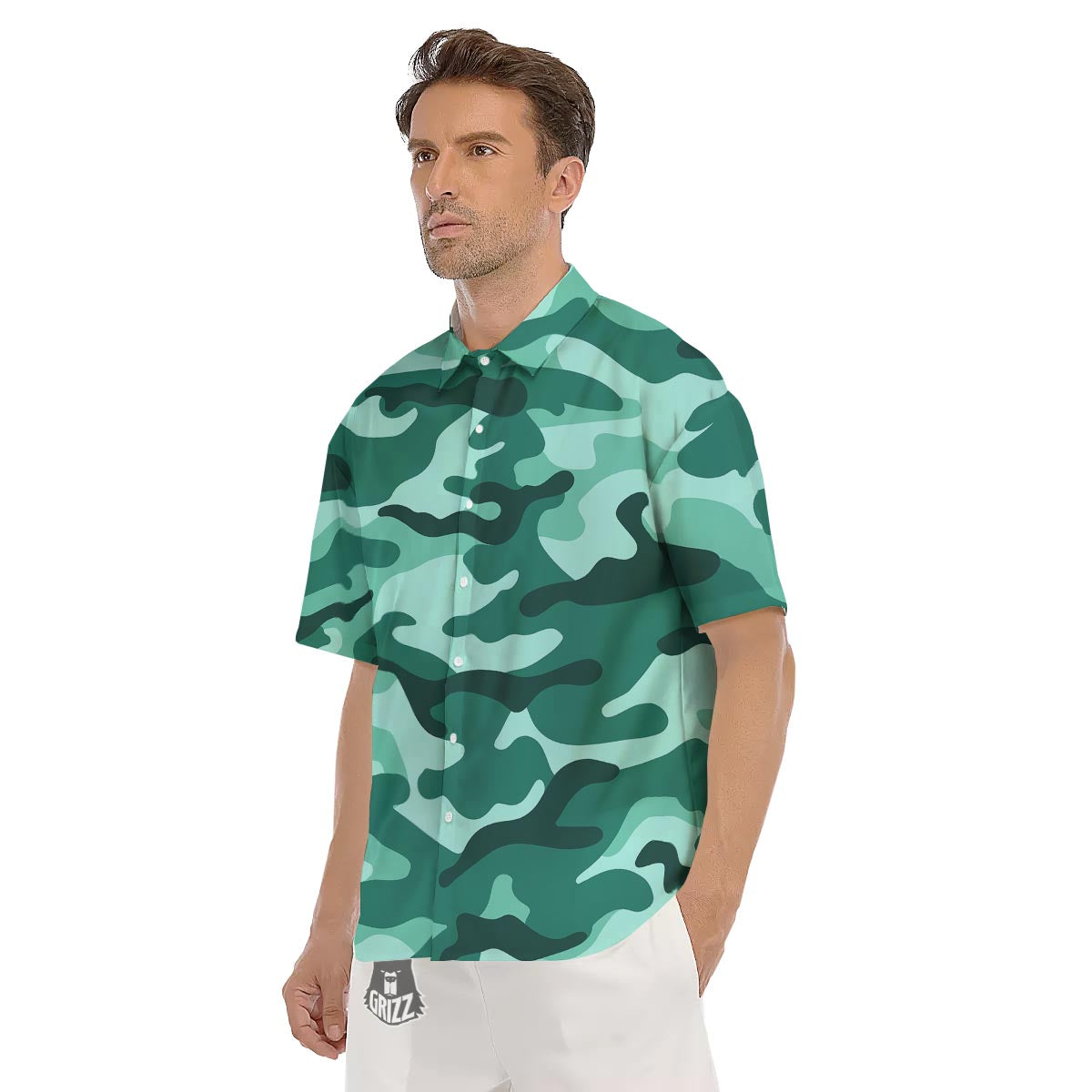 Camouflage Teal Print Men's Short Sleeve Shirts-grizzshop