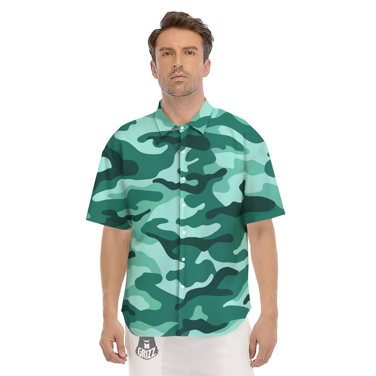 Camouflage Teal Print Men's Short Sleeve Shirts-grizzshop