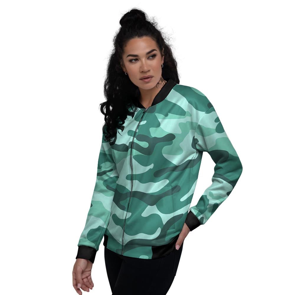 Camouflage Teal Print Women's Bomber Jacket-grizzshop