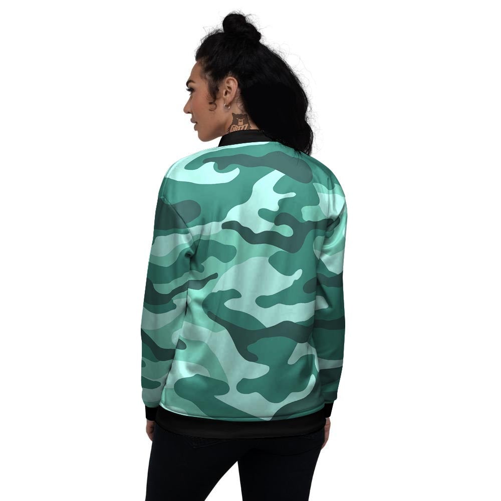 Camouflage Teal Print Women's Bomber Jacket-grizzshop
