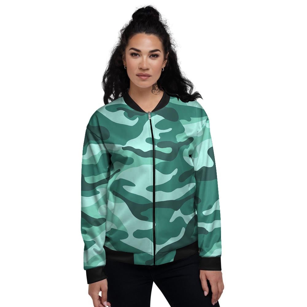 Camouflage Teal Print Women's Bomber Jacket-grizzshop