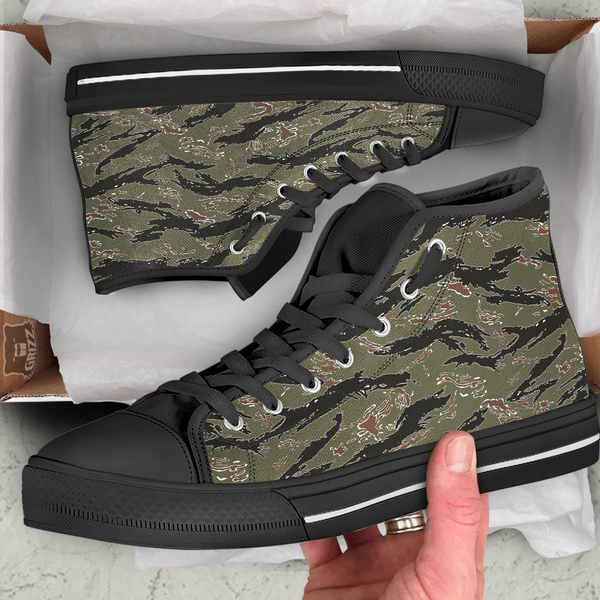 Camouflage Tiger Stripe Print Pattern Black High Top Shoes-grizzshop