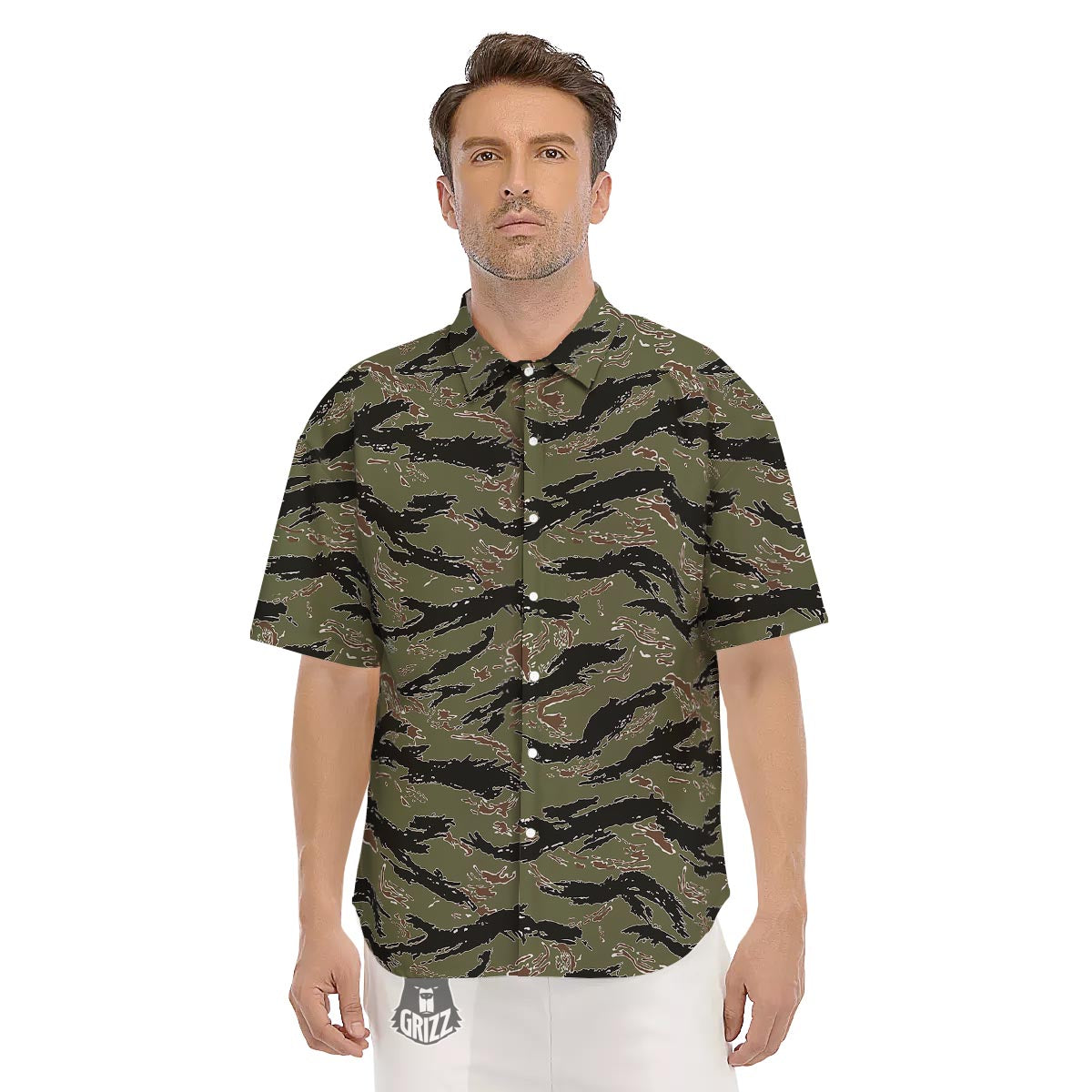 Camouflage Tiger Stripe Print Pattern Men's Short Sleeve Shirts-grizzshop