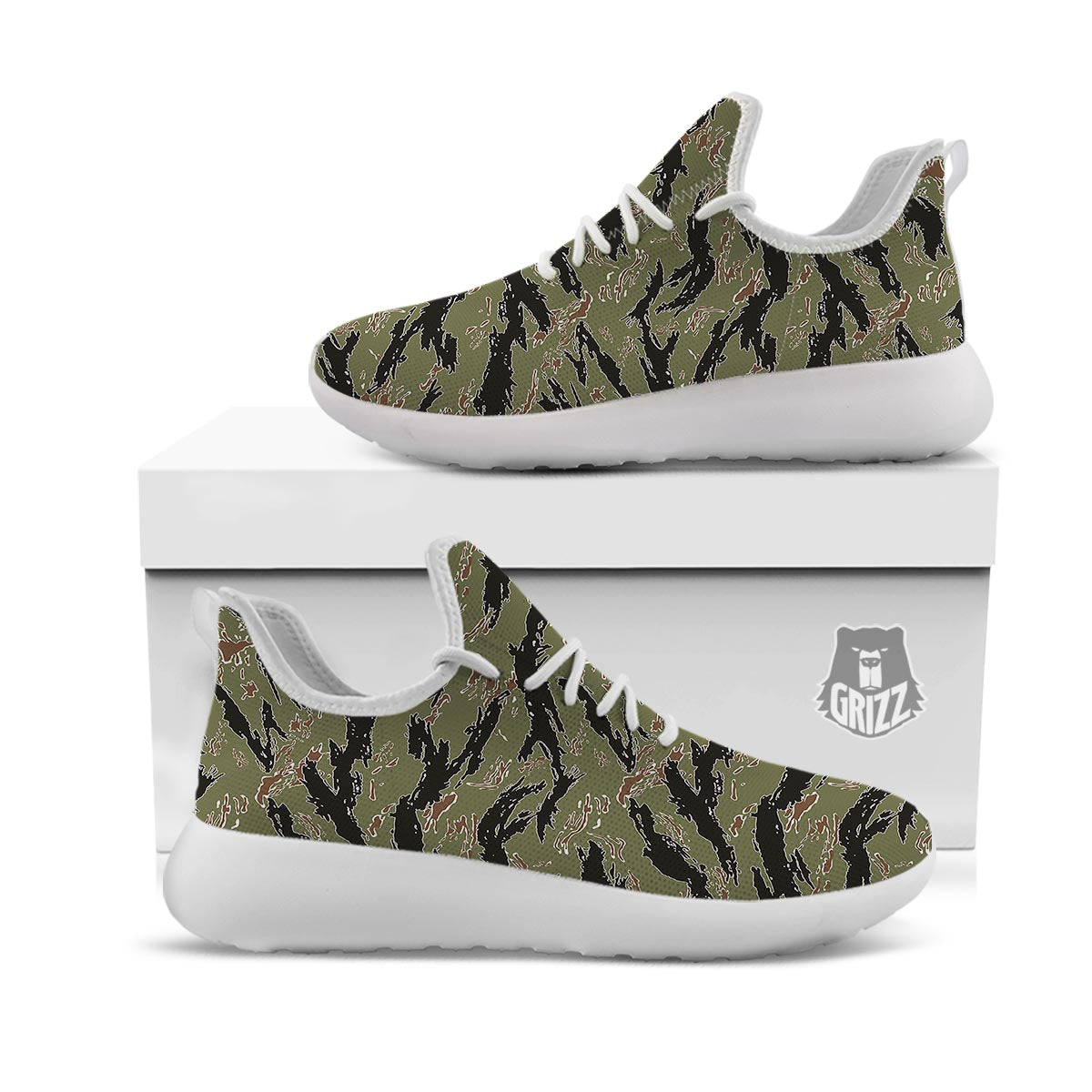 Camouflage Tiger Stripe Print Pattern White Athletic Shoes-grizzshop