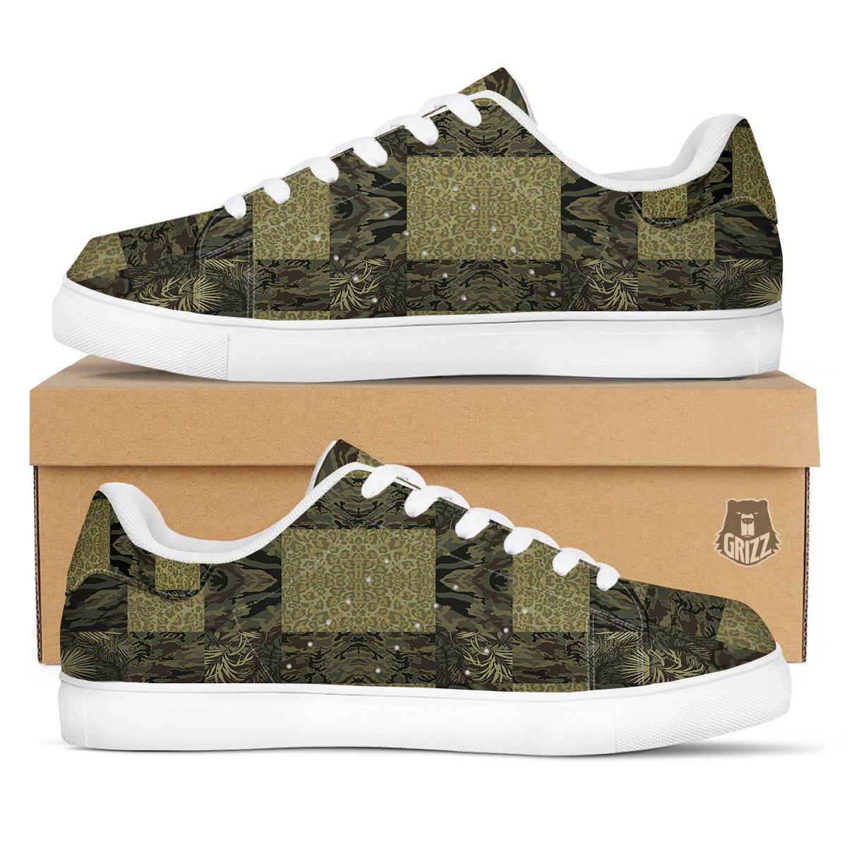 Camouflage Tropical And Leopard Print Pattern White Low Top Sneakers-grizzshop