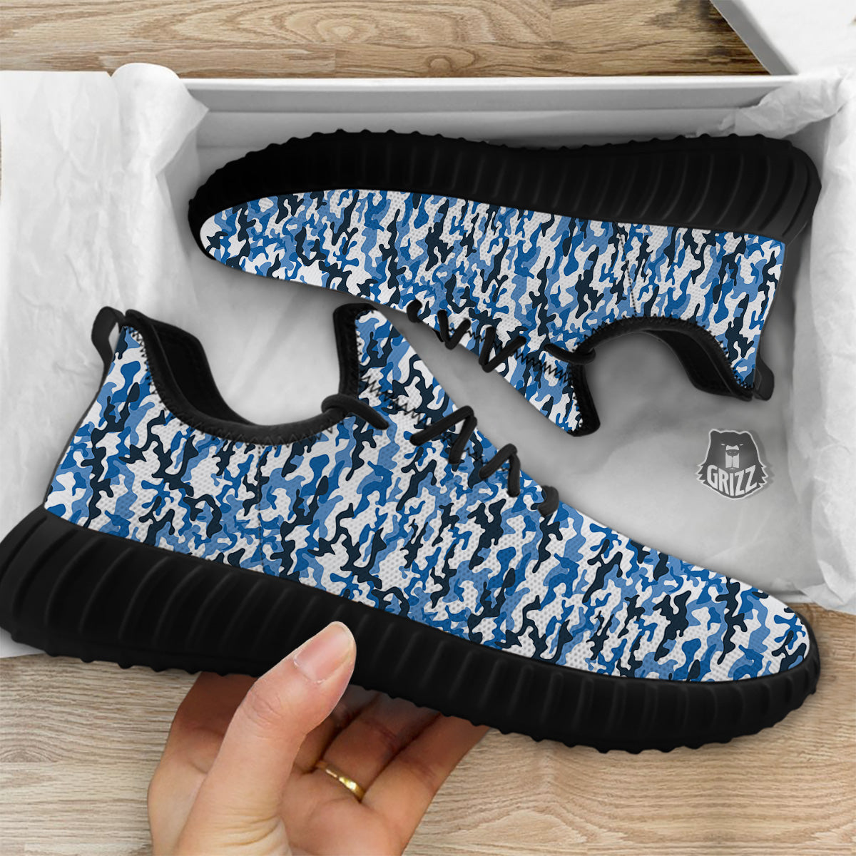 Camouflage White And Blue Print Black Walking Shoes-grizzshop