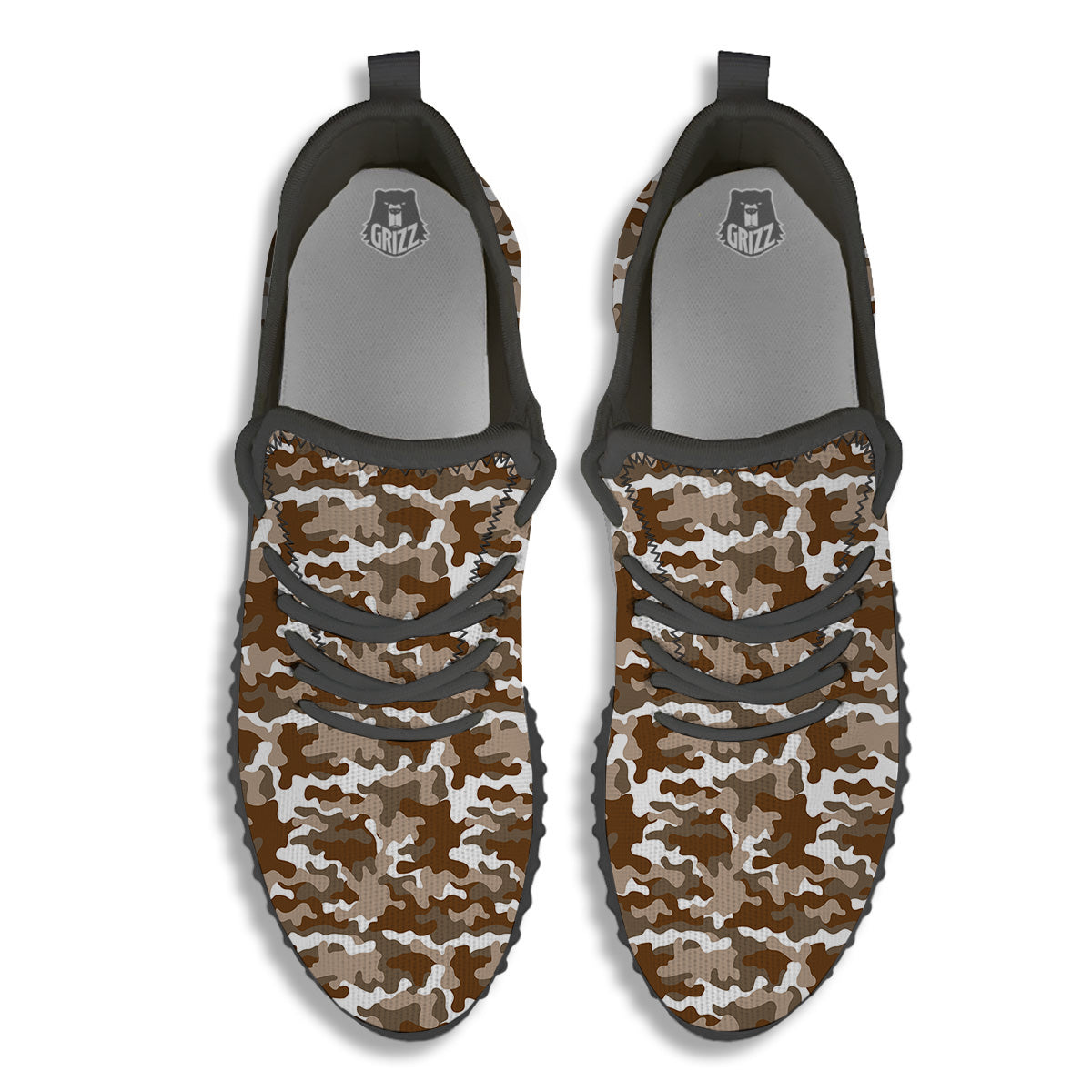 Camouflage White And Brown Print Black Walking Shoes-grizzshop