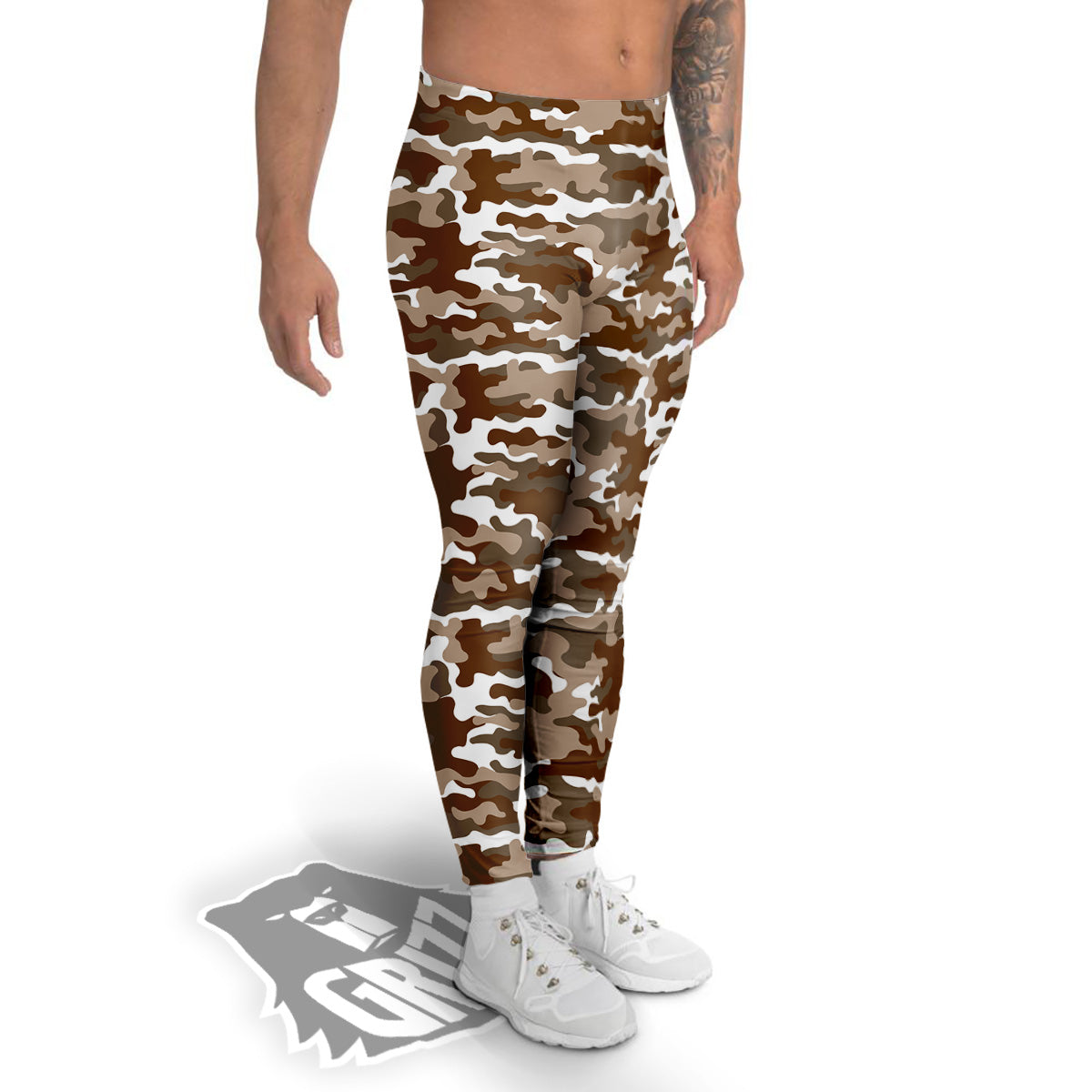 Camouflage White And Brown Print Men's Leggings-grizzshop