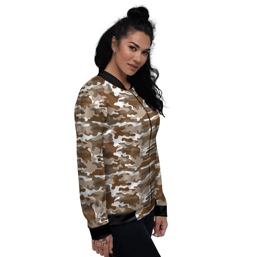 Camouflage White And Brown Print Women's Bomber Jacket-grizzshop