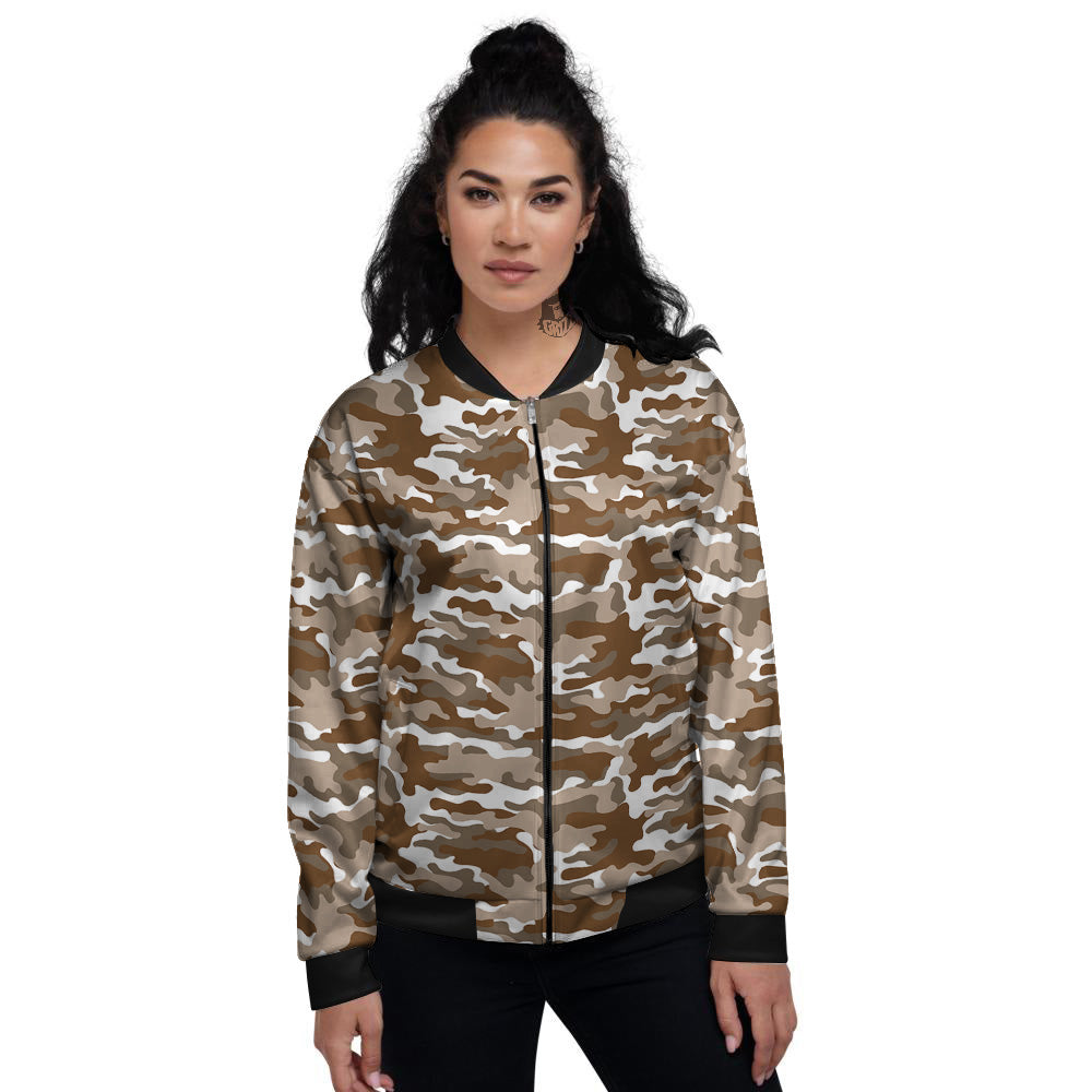 Camouflage White And Brown Print Women's Bomber Jacket-grizzshop