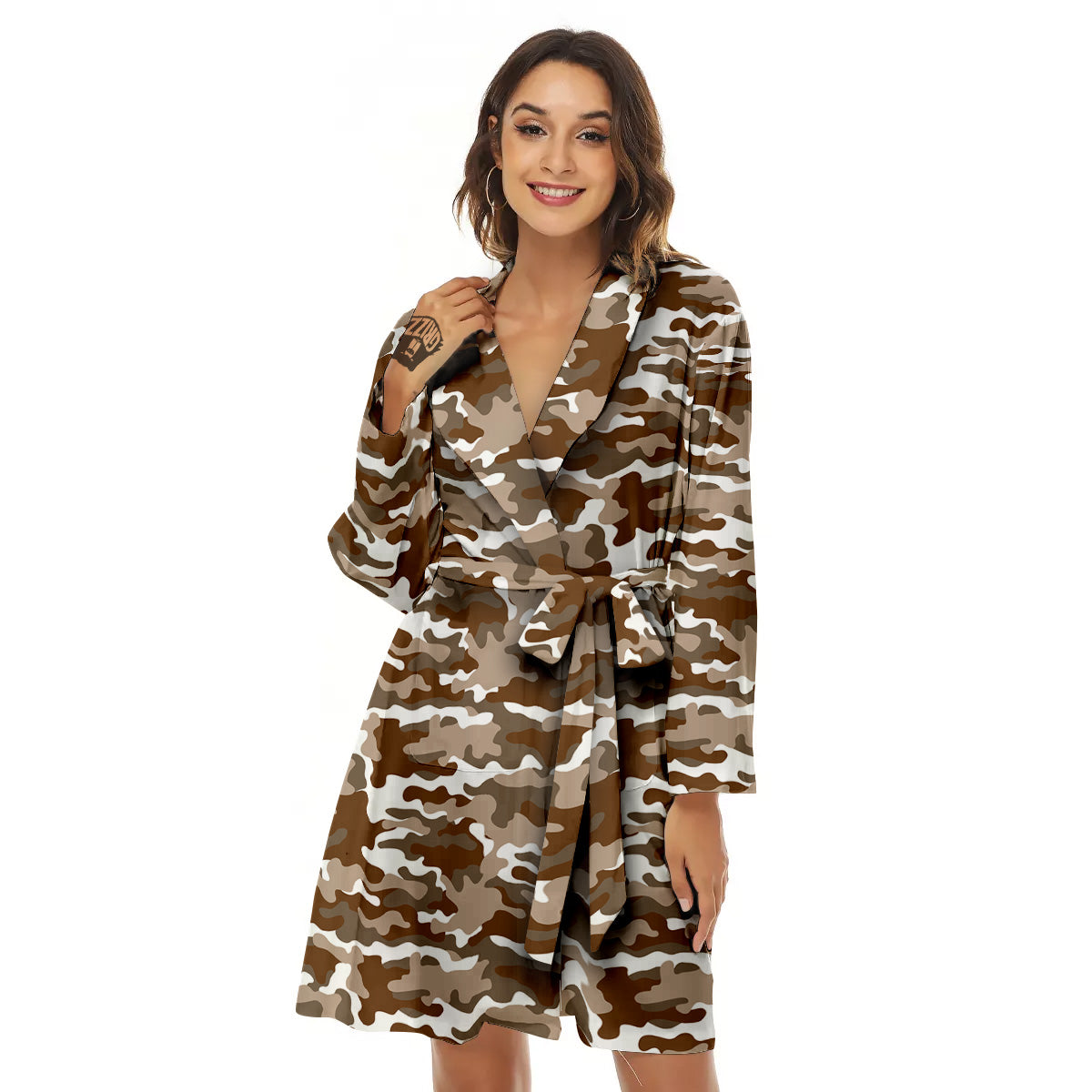 Camouflage White And Brown Print Women's Robe-grizzshop