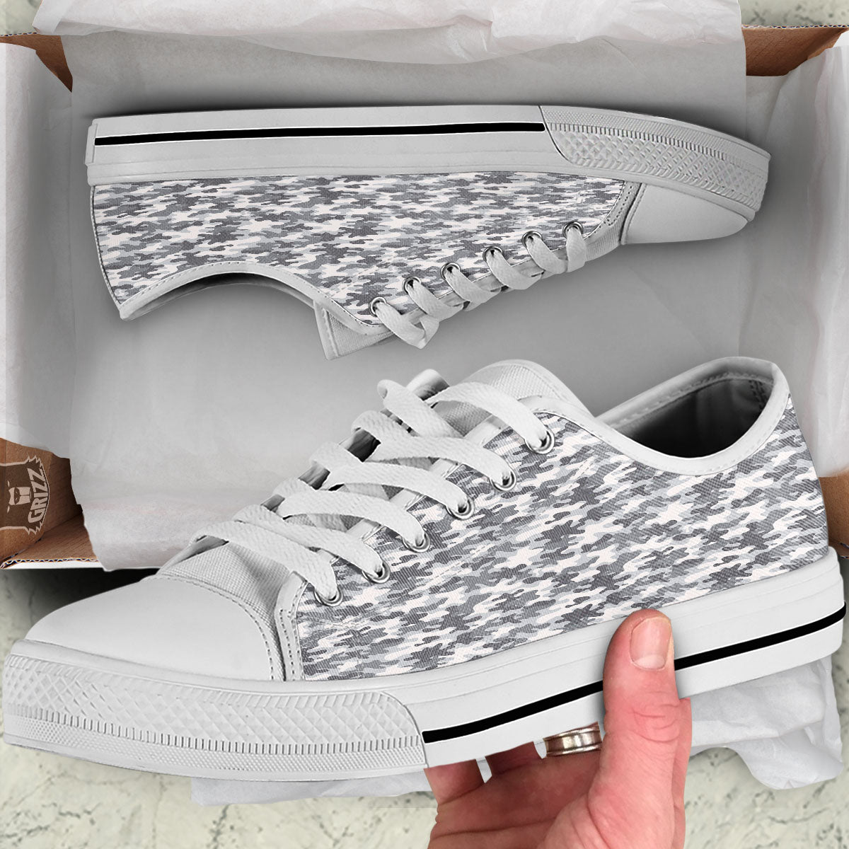 Camouflage White And Grey Print White Low Top Shoes-grizzshop