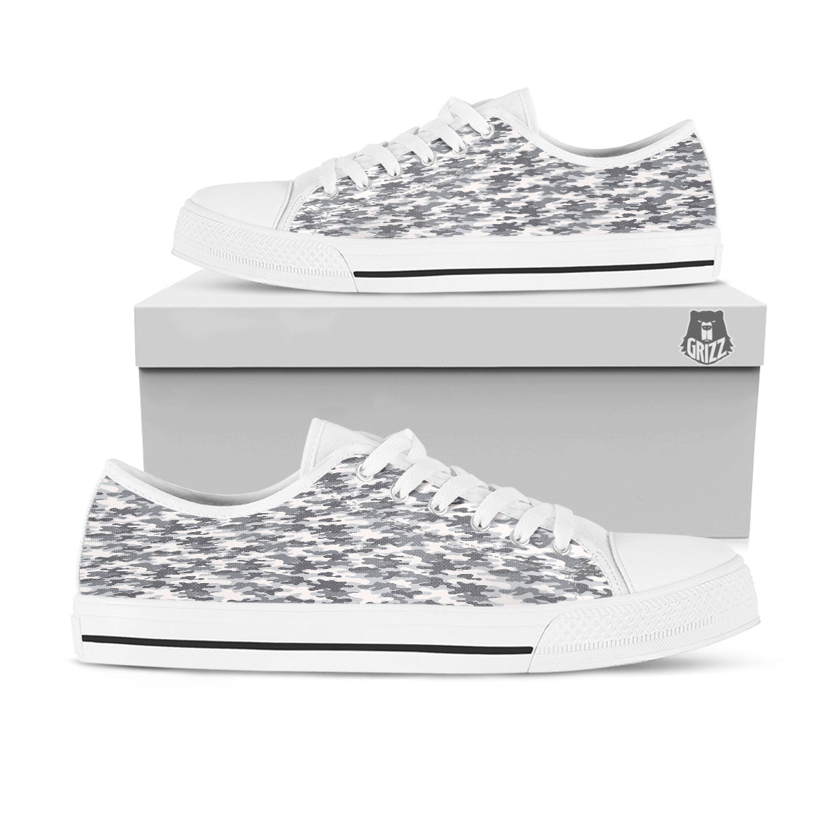 Camouflage White And Grey Print White Low Top Shoes-grizzshop