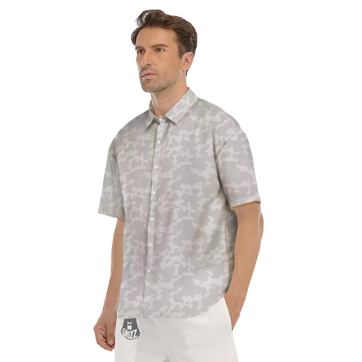 Camouflage White Snow Print Pattern Men's Short Sleeve Shirts-grizzshop