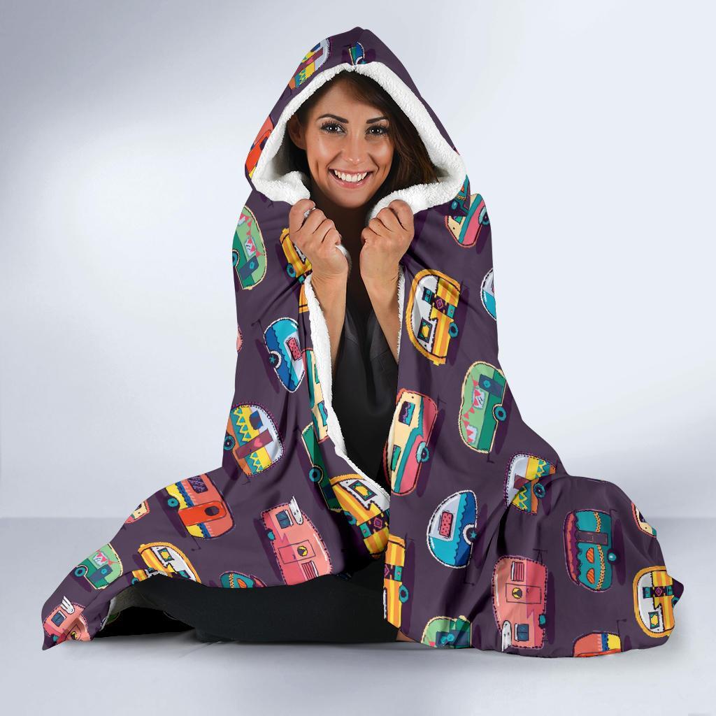 Camper Van Pattern Print Hooded Blanket-grizzshop
