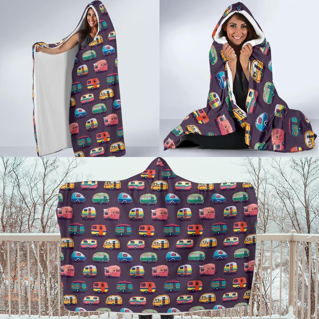 Camper Van Pattern Print Hooded Blanket-grizzshop