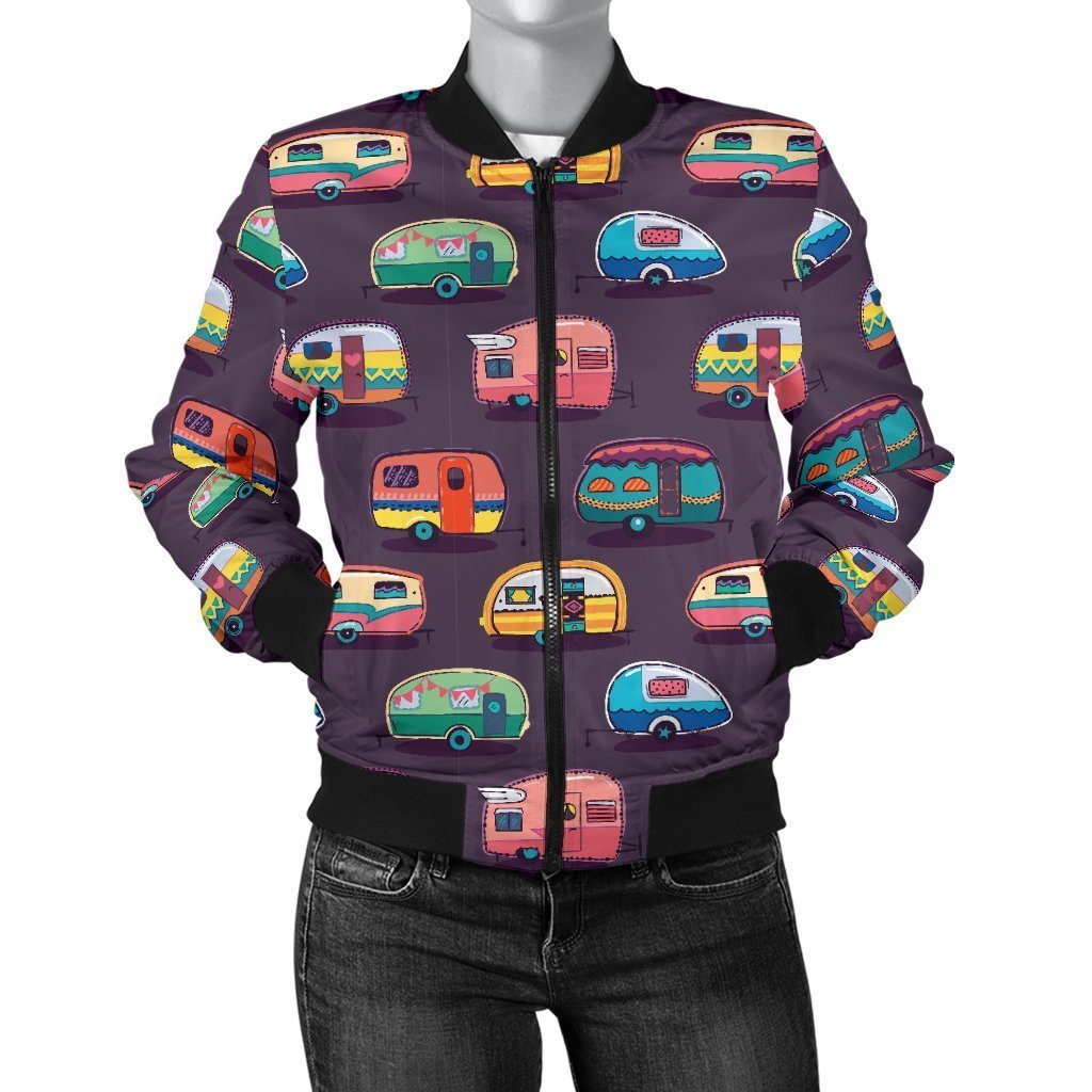 Camper Van Pattern Print Women Casual Bomber Jacket-grizzshop