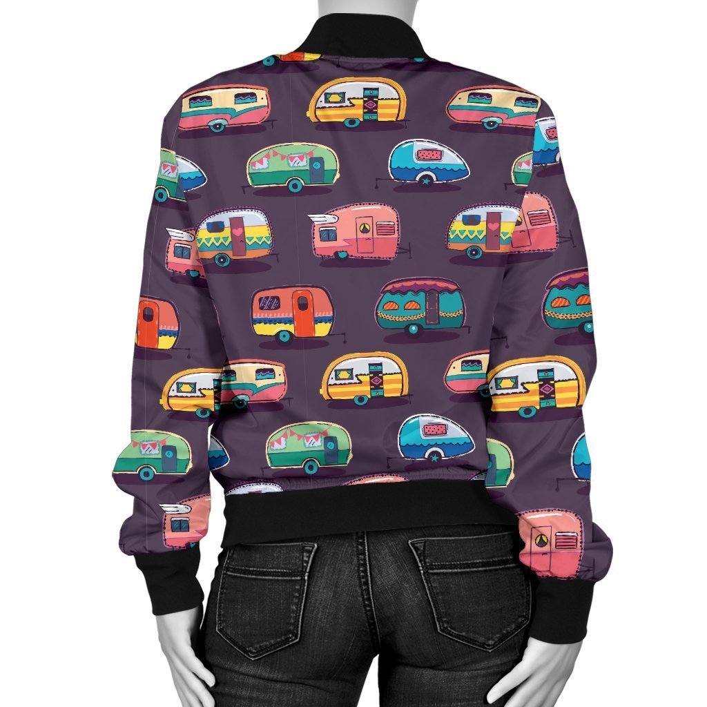 Camper Van Pattern Print Women Casual Bomber Jacket-grizzshop