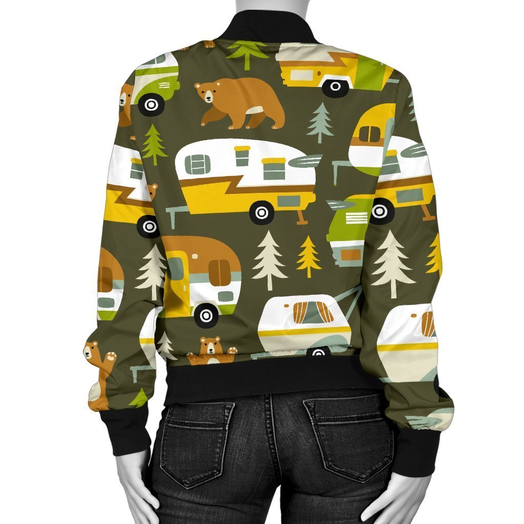 Camper Van Print Pattern Women Casual Bomber Jacket-grizzshop
