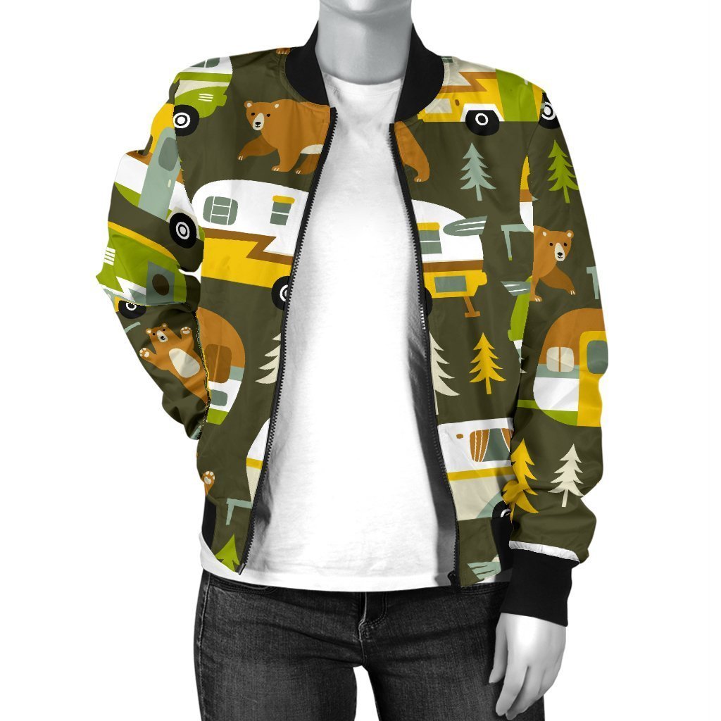Camper Van Print Pattern Women Casual Bomber Jacket-grizzshop