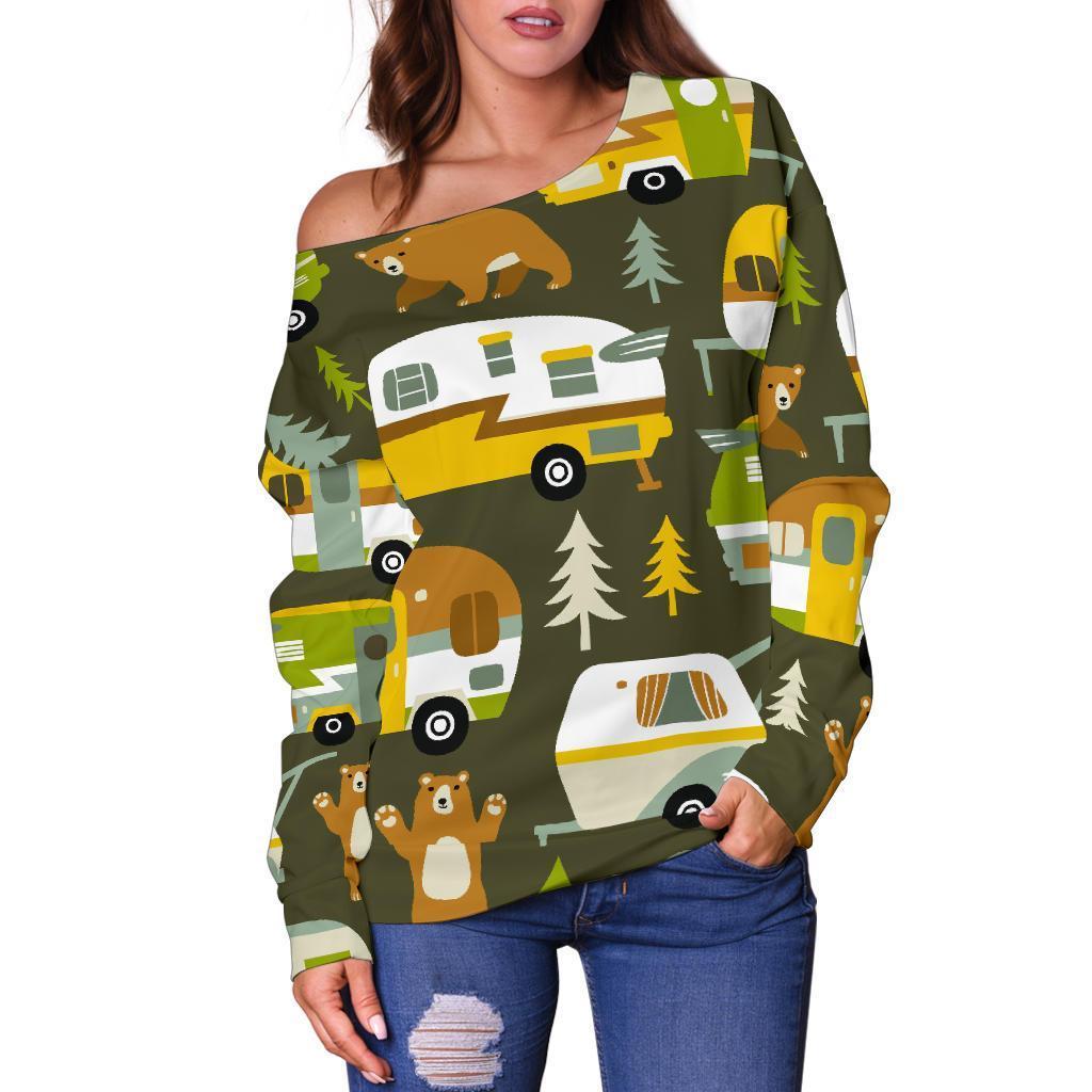 Camper Van Print Pattern Women Off Shoulder Sweatshirt-grizzshop