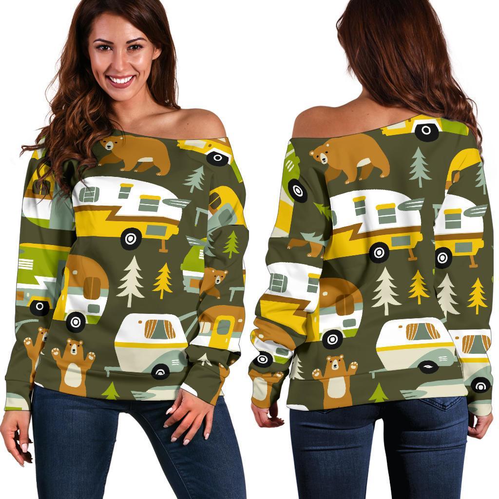 Camper Van Print Pattern Women Off Shoulder Sweatshirt-grizzshop