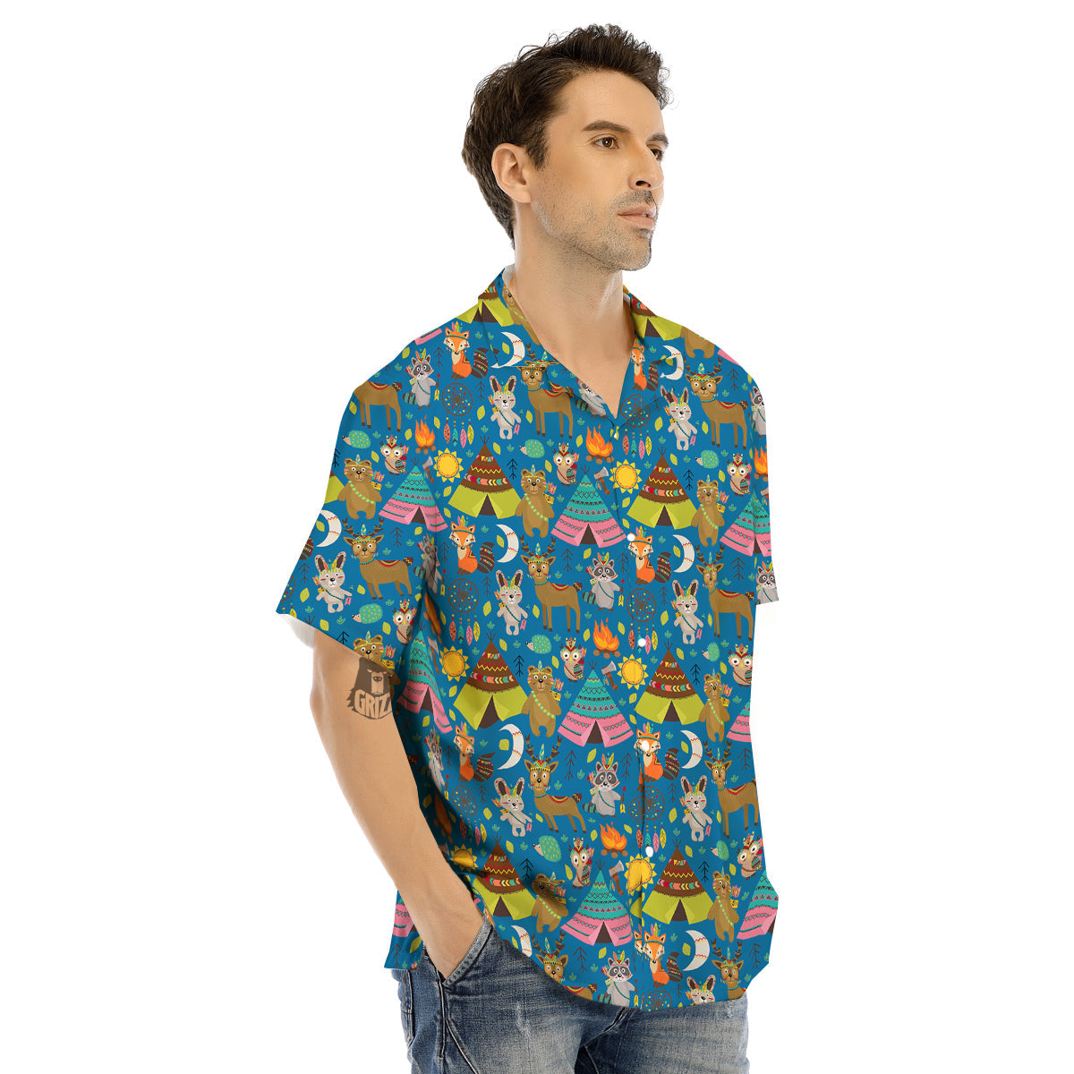 Camping Animal Print Pattern Men's Hawaiian Shirt-grizzshop