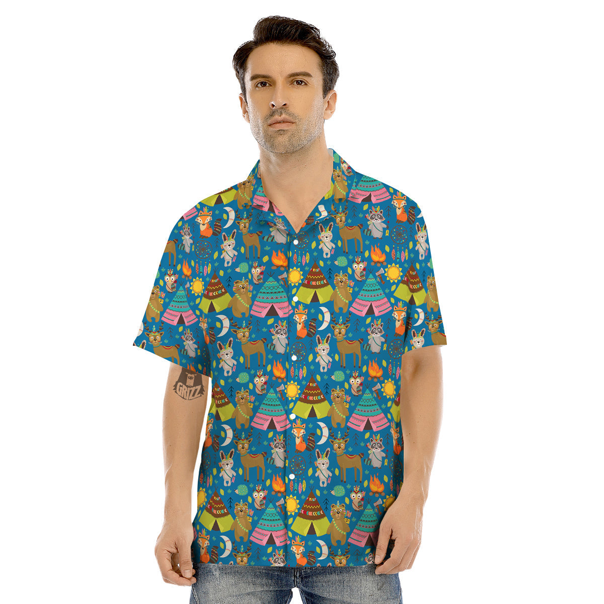Camping Animal Print Pattern Men's Hawaiian Shirt-grizzshop