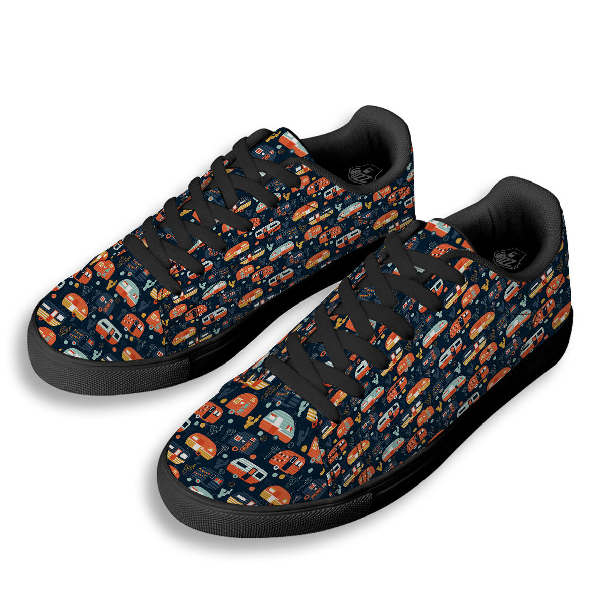 Camping Caravan Print Pattern Black Low Top Sneakers-grizzshop