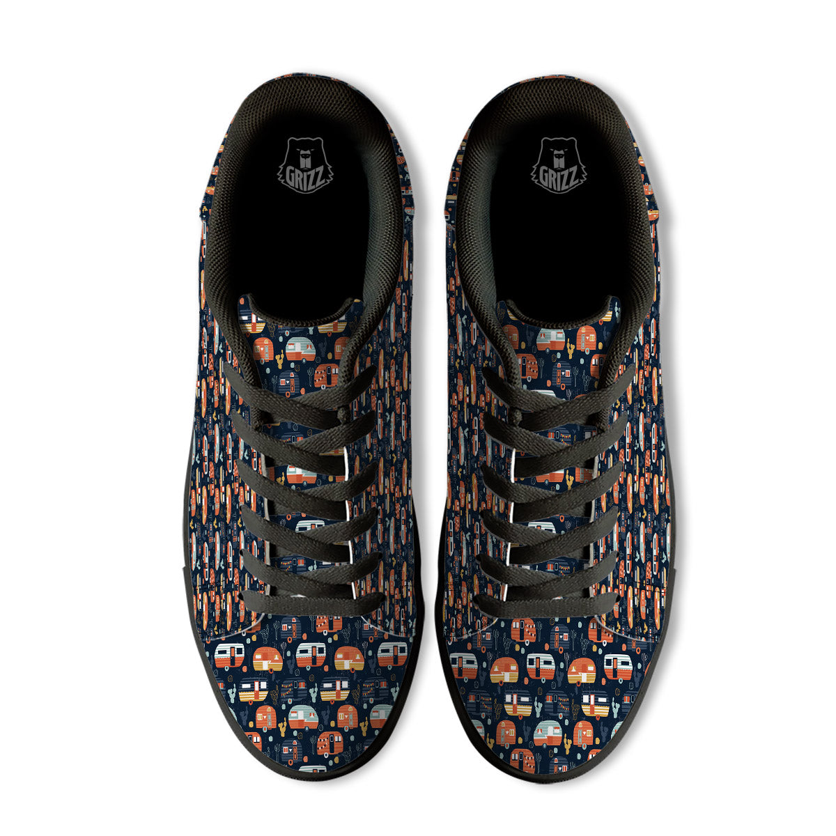 Camping Caravan Print Pattern Black Low Top Sneakers-grizzshop