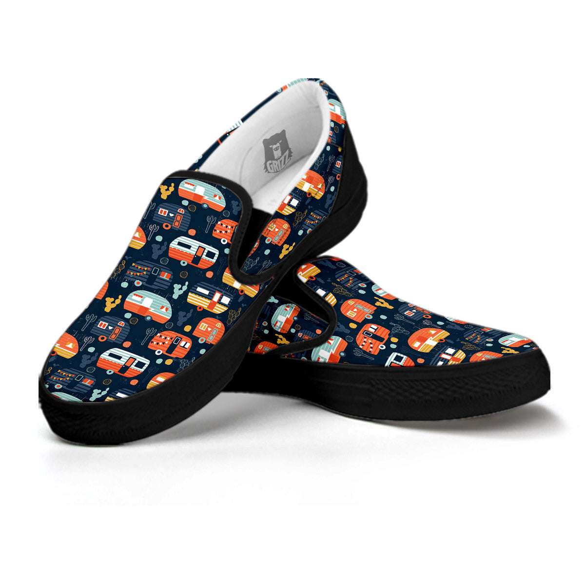 Camping Caravan Print Pattern Black Slip On Shoes-grizzshop