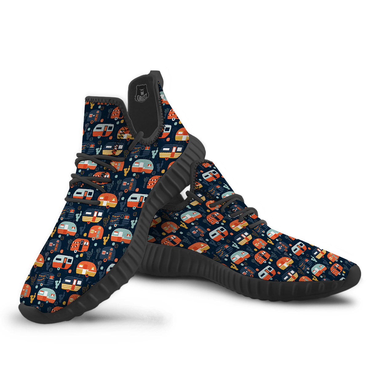 Camping Caravan Print Pattern Black Walking Shoes-grizzshop