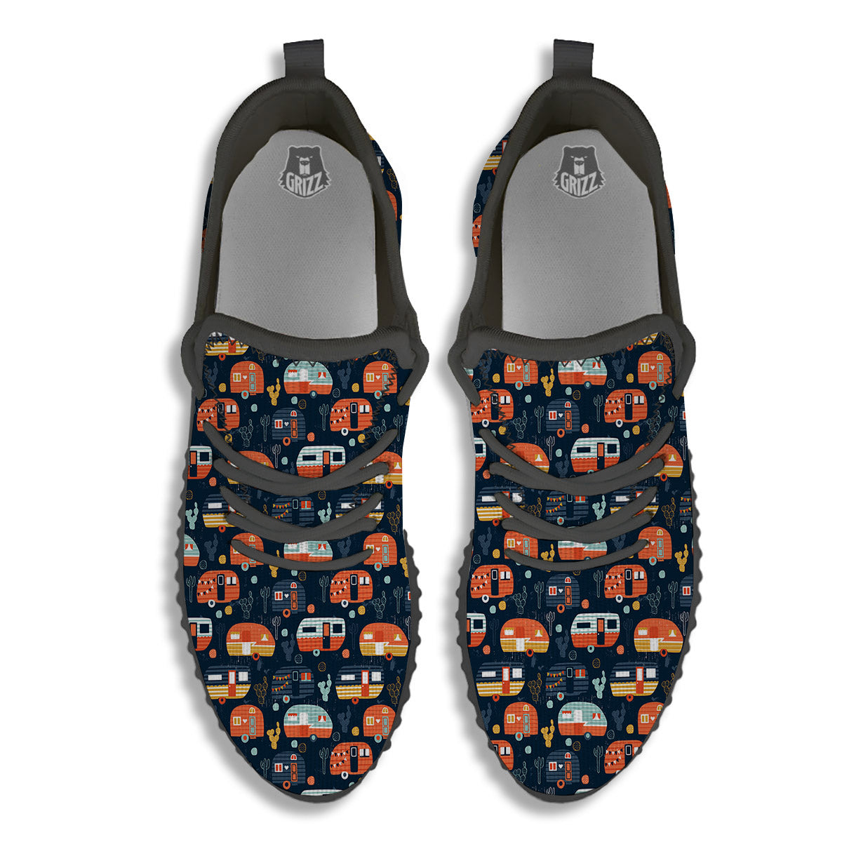 Camping Caravan Print Pattern Black Walking Shoes-grizzshop