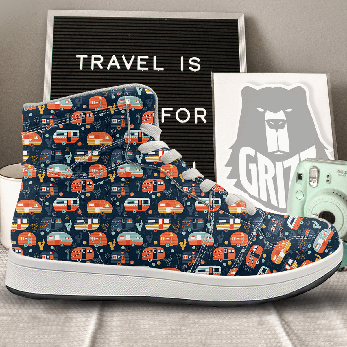 Camping Caravan Print Pattern High Top Sneakers-grizzshop