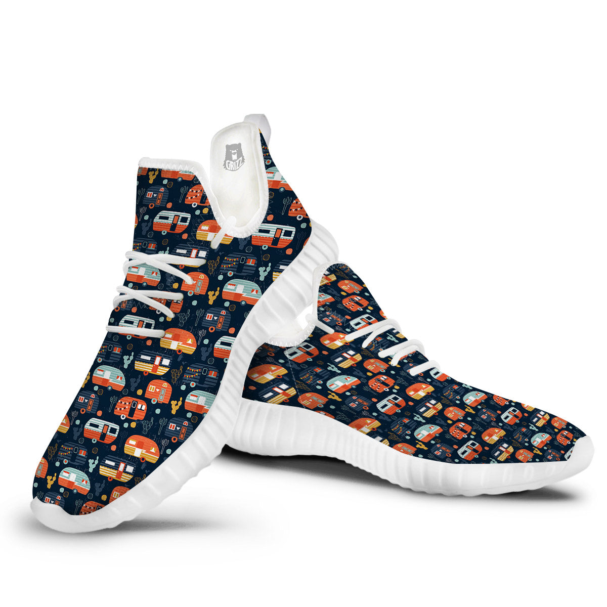 Camping Caravan Print Pattern White Walking Shoes-grizzshop