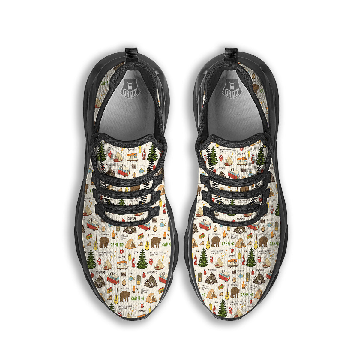 Camping Cartoon Print Pattern Black Running Shoes-grizzshop