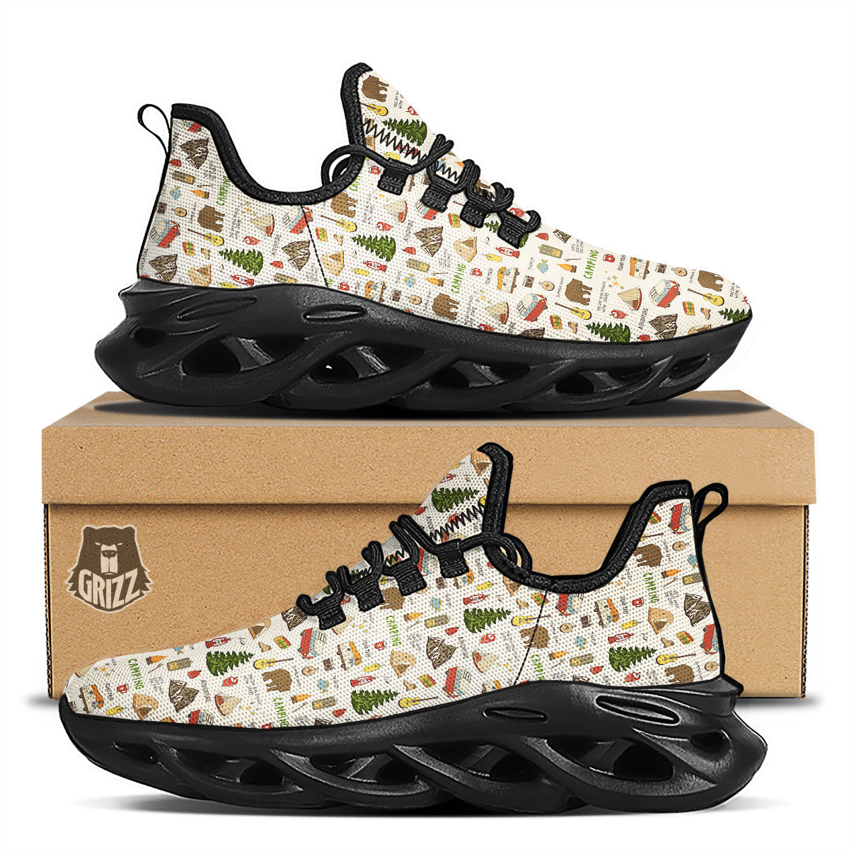 Camping Cartoon Print Pattern Black Running Shoes-grizzshop