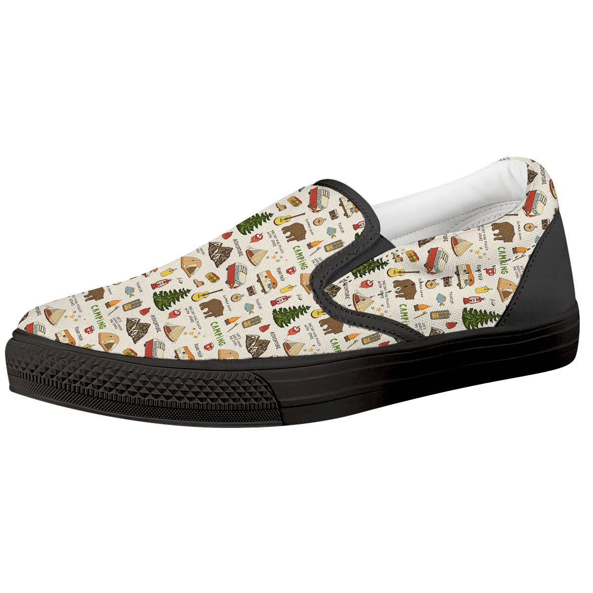 Camping Cartoon Print Pattern Black Slip On Shoes-grizzshop
