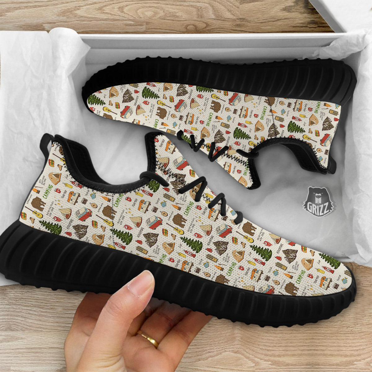 Camping Cartoon Print Pattern Black Walking Shoes-grizzshop