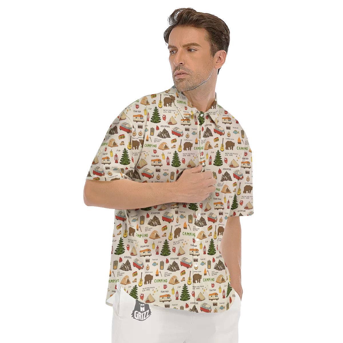 Camping Cartoon Print Pattern Men's Short Sleeve Shirts-grizzshop