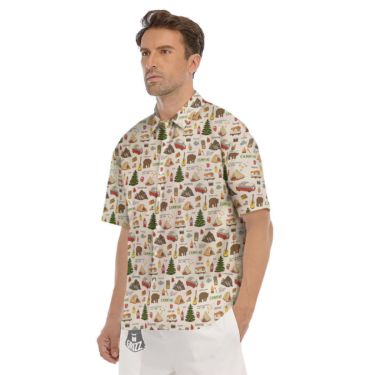 Camping Cartoon Print Pattern Men's Short Sleeve Shirts-grizzshop