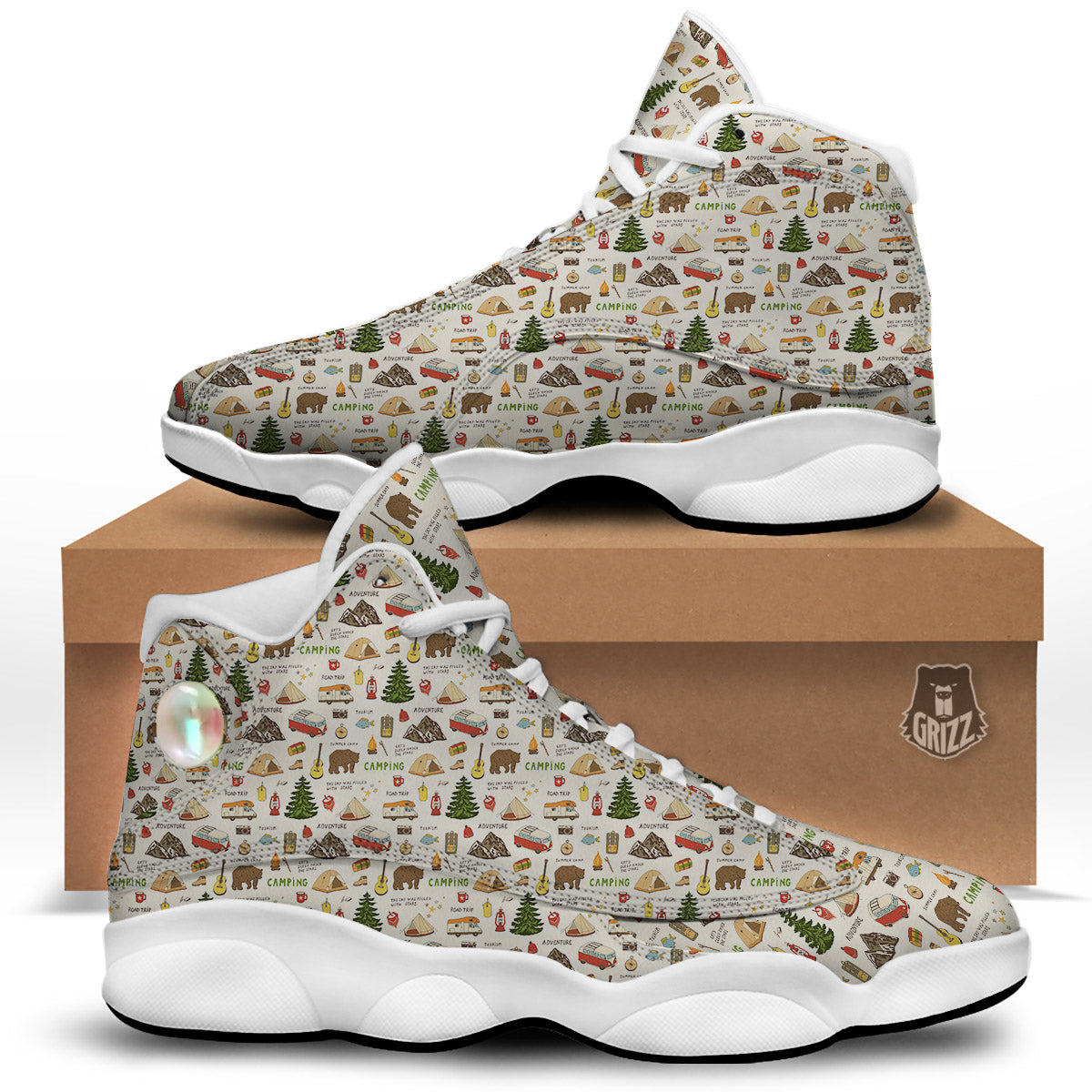Camping Cartoon Print Pattern White Basketball Shoes-grizzshop